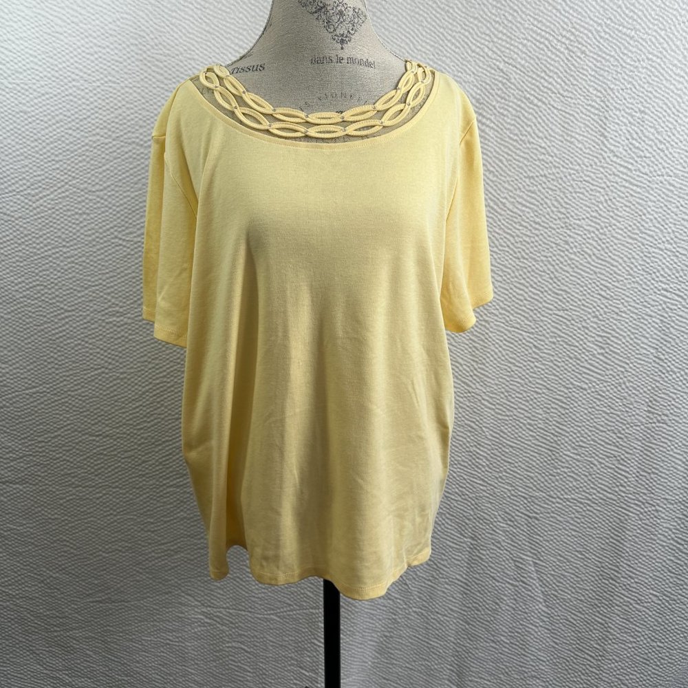 Alfred Dunner butter yellow casual Top 2 braid neckline with tiny rhinestones